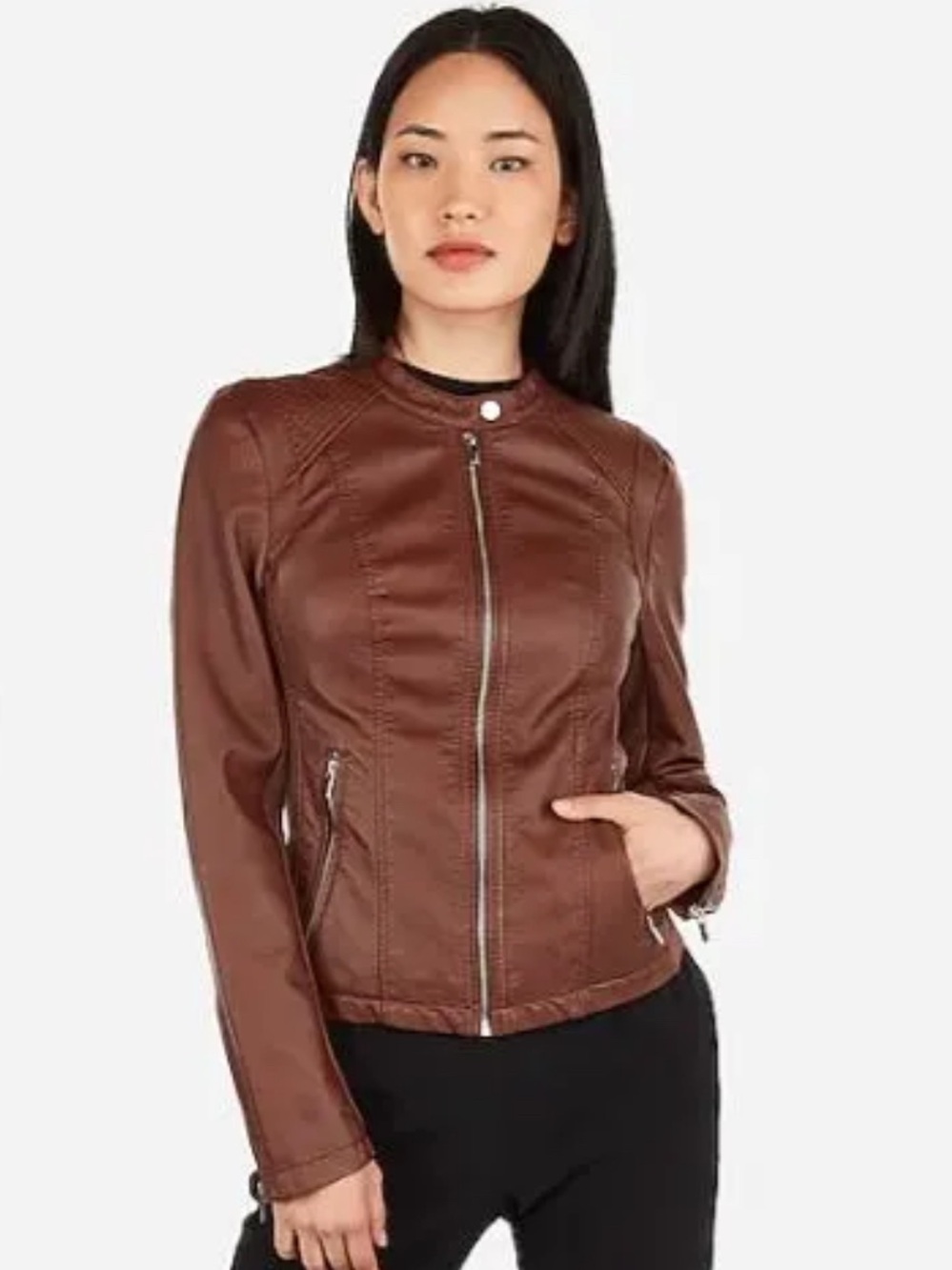 Kenneth Cole Reaction Jacket Wmn's S Faux Leather Moto Bomber Brown Cognac